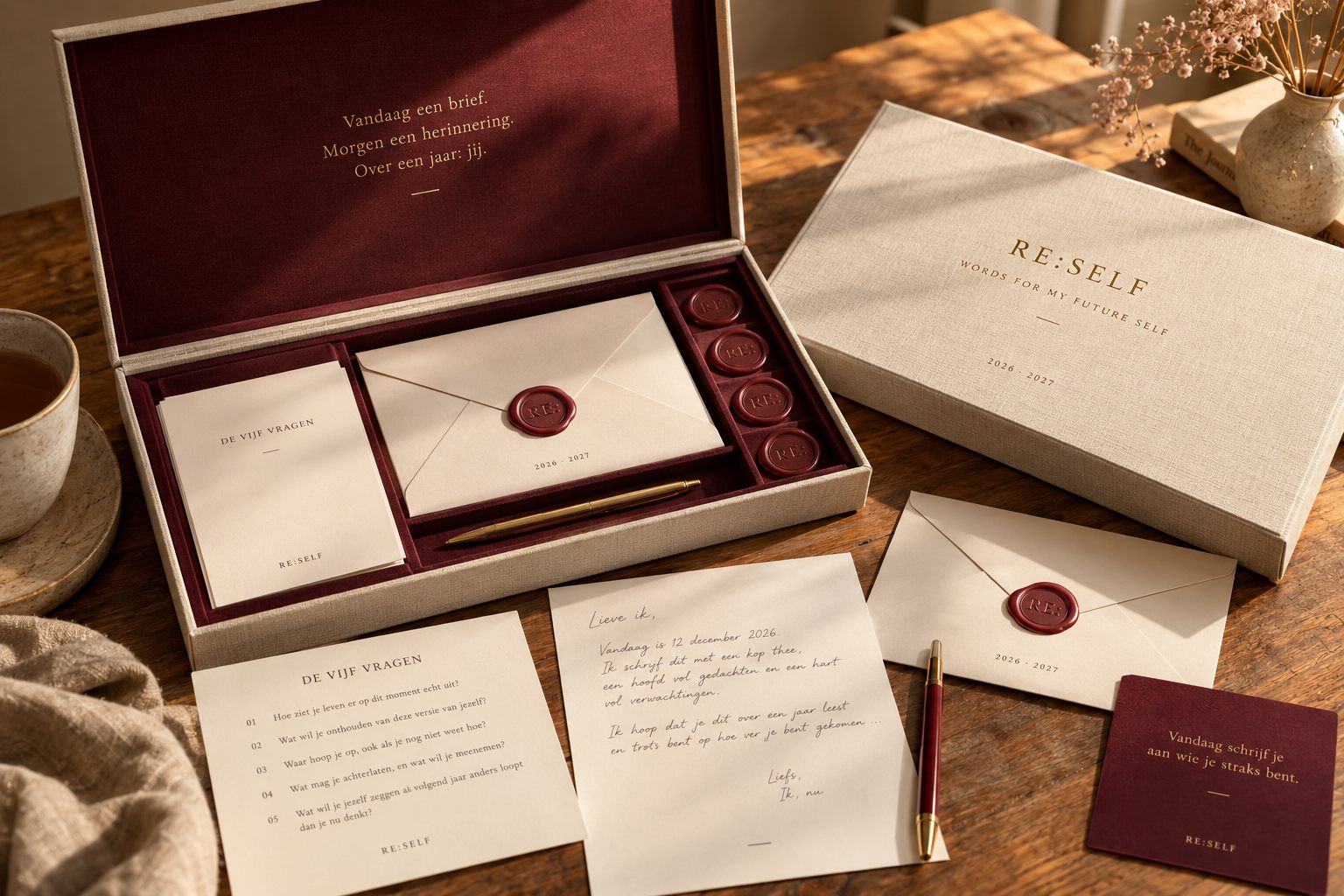 Een geopende RE:SELF bewaardoos met Oxblood voering en een verzegelde envelop, met de dichte doos ernaast op een lichthouten tafel
