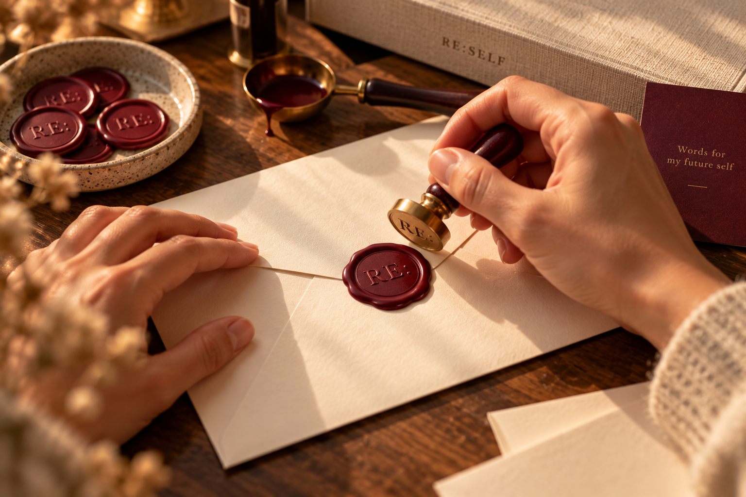Close-up van een envelop die wordt gesloten met een Oxblood lakzegel met RE: