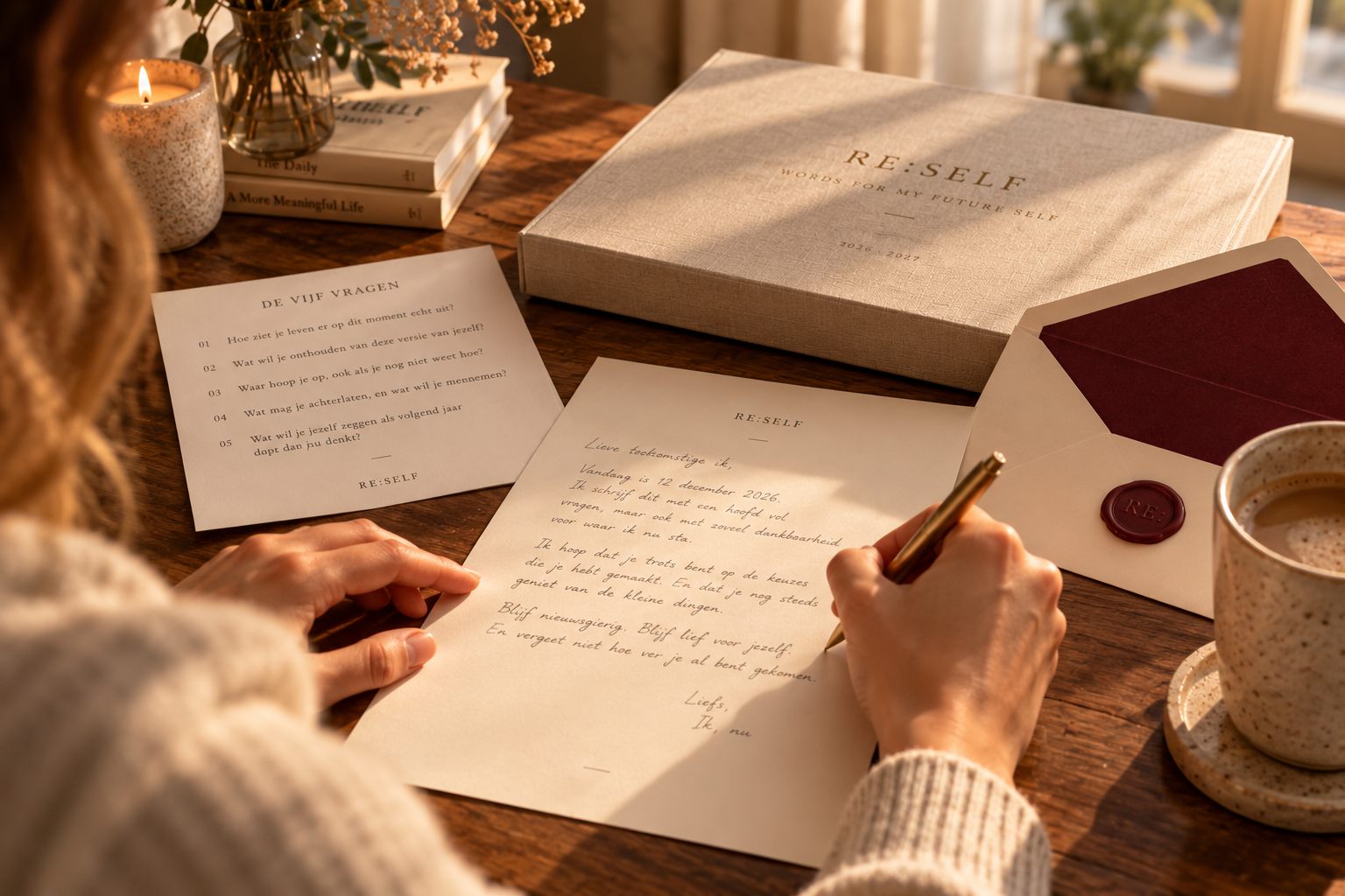 Handen die aan tafel een brief schrijven op schrijfpapier